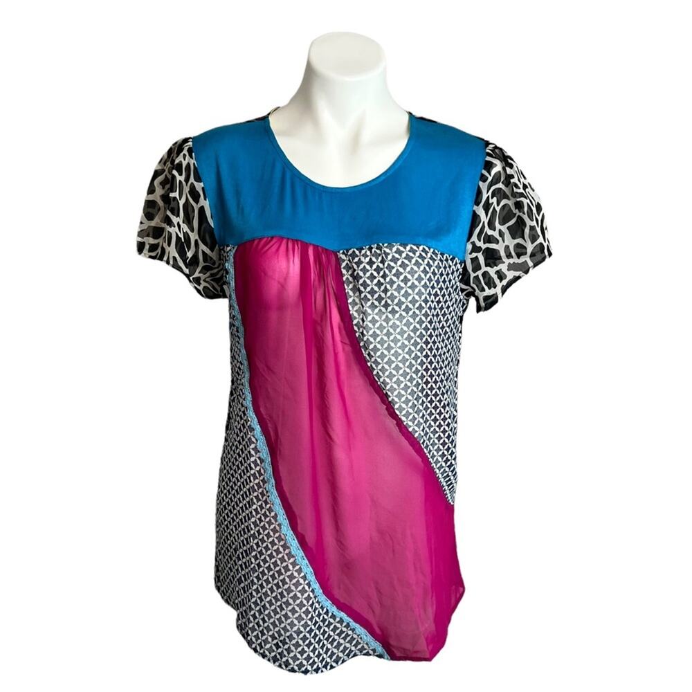Shop Therapy T Shirt Patchwork Boho Top Sheer Lightweight Short Sleeved Y2K M/L